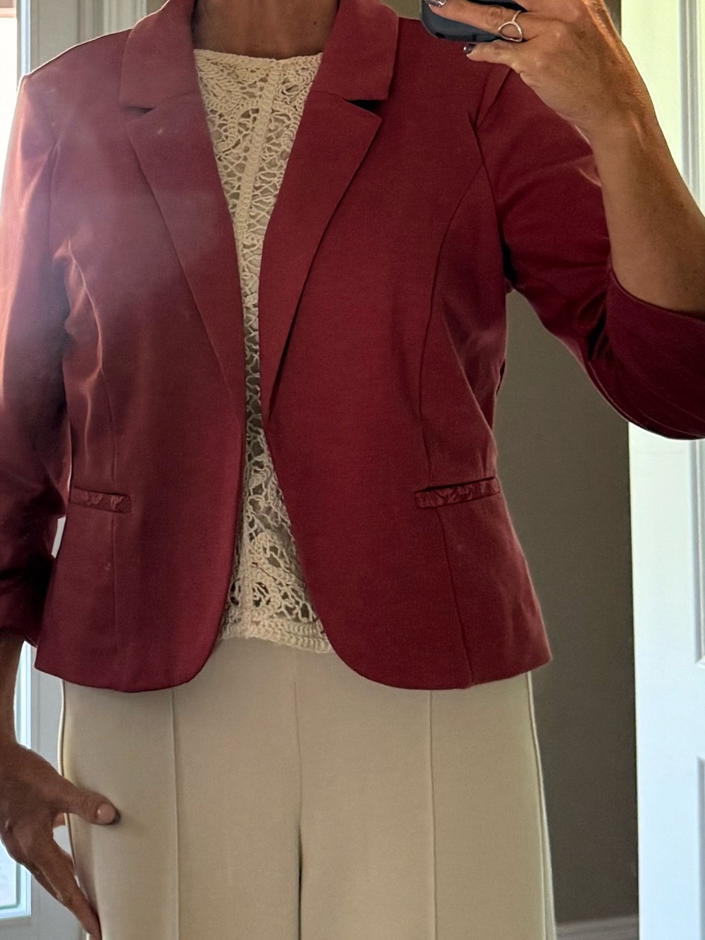 Candie’s Coral/Rose/Rust Lace Trim Blazer Size L Ruched 3/4 Sleeve Knit Jacket